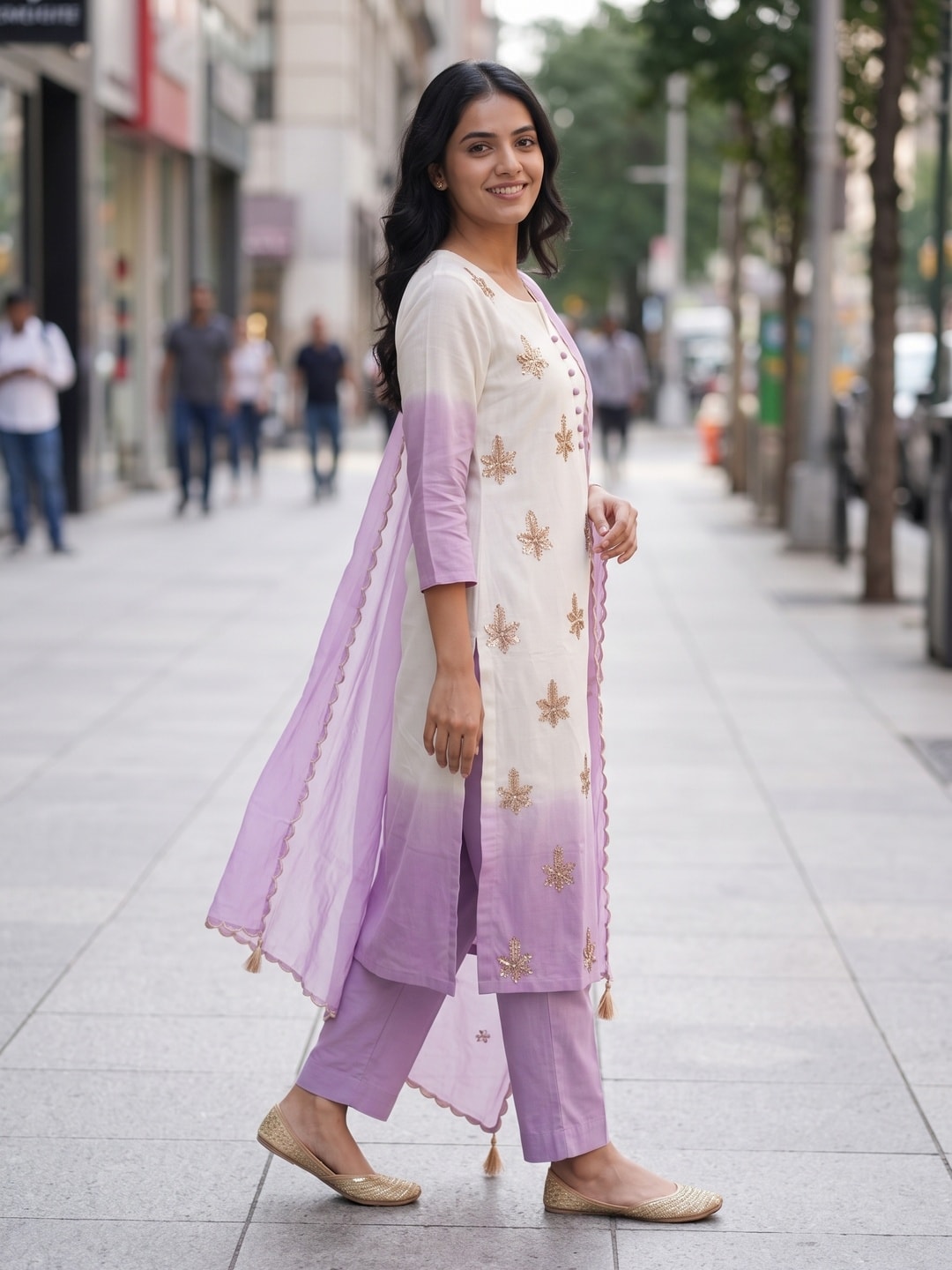 Peachmode Lavender Mul Chanderi Beads Work Embroidered Salwar Suit - Image 3