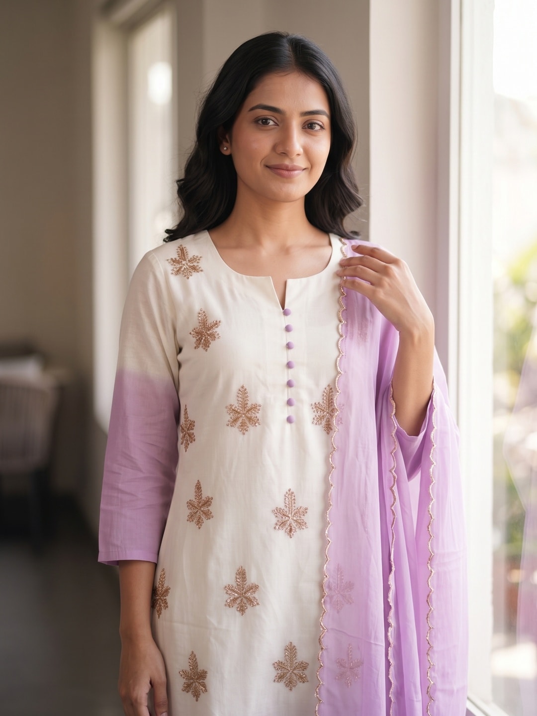 Peachmode Lavender Mul Chanderi Beads Work Embroidered Salwar Suit - Image 5