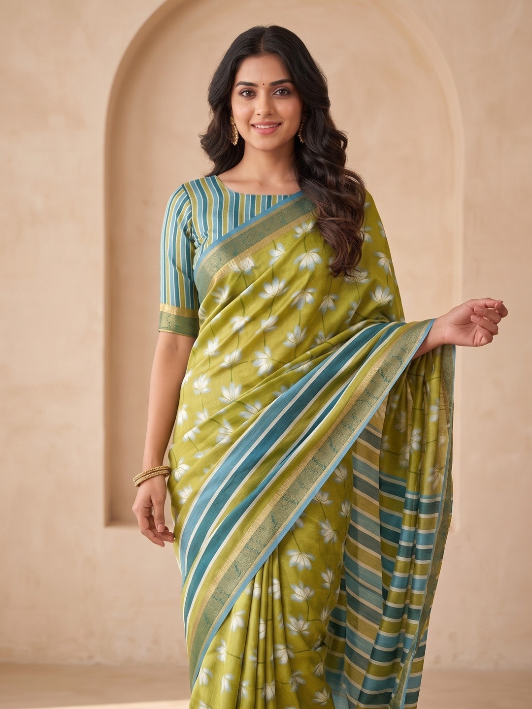 Peachmode Lime Green Dola Silk Digital Printed Saree With Zari Weave Border - Image 3