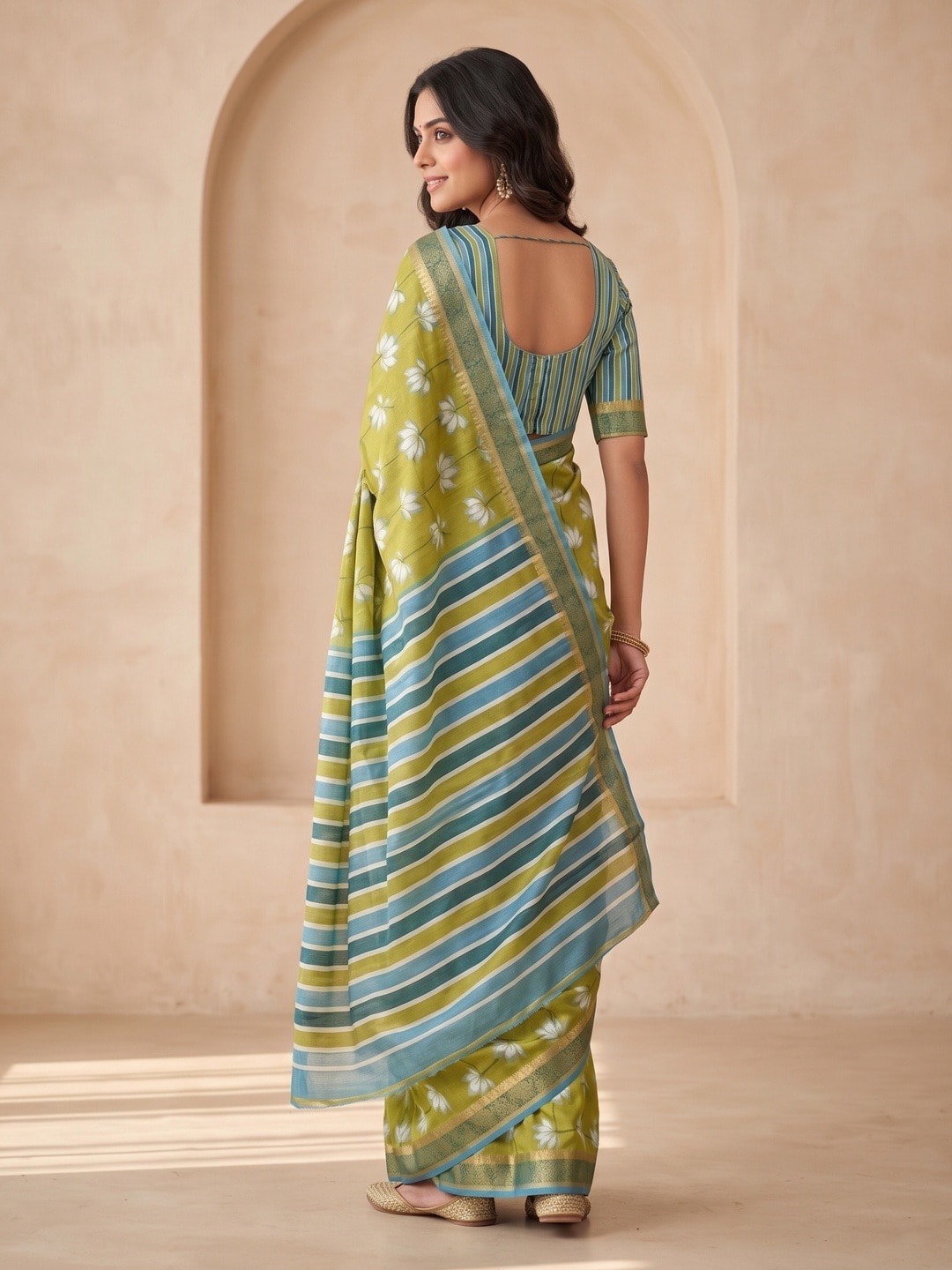 Peachmode Lime Green Dola Silk Digital Printed Saree With Zari Weave Border - Image 4