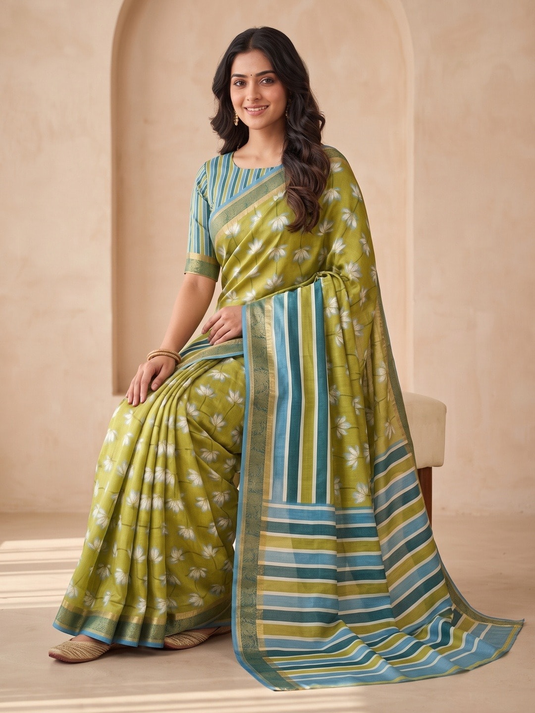 Peachmode Lime Green Dola Silk Digital Printed Saree With Zari Weave Border - Image 5