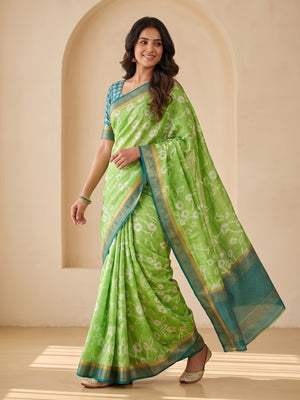 Peachmode Green Dola Silk Digital Printed Saree With Zari Weave Border - Image 2