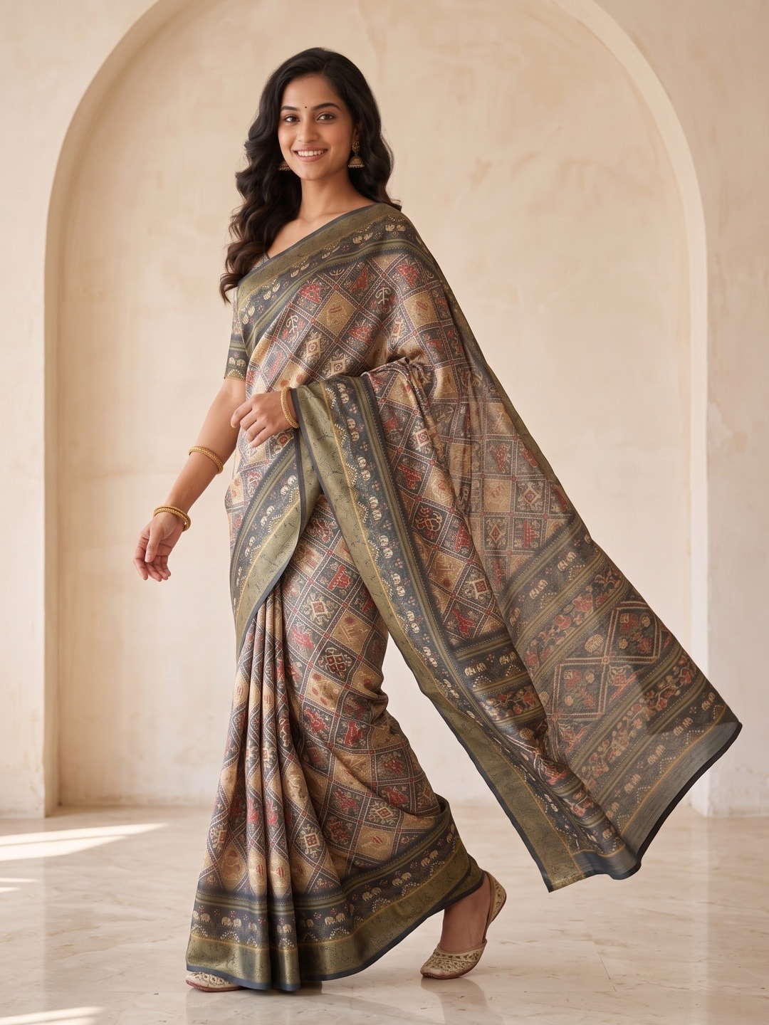 Peachmode Beige Dola Silk Digital Printed Saree With Zari Weave Border - Image 2