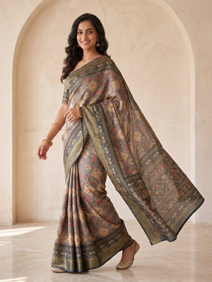 Peachmode Beige Dola Silk Digital Printed Saree With Zari Weave Border - Image 2