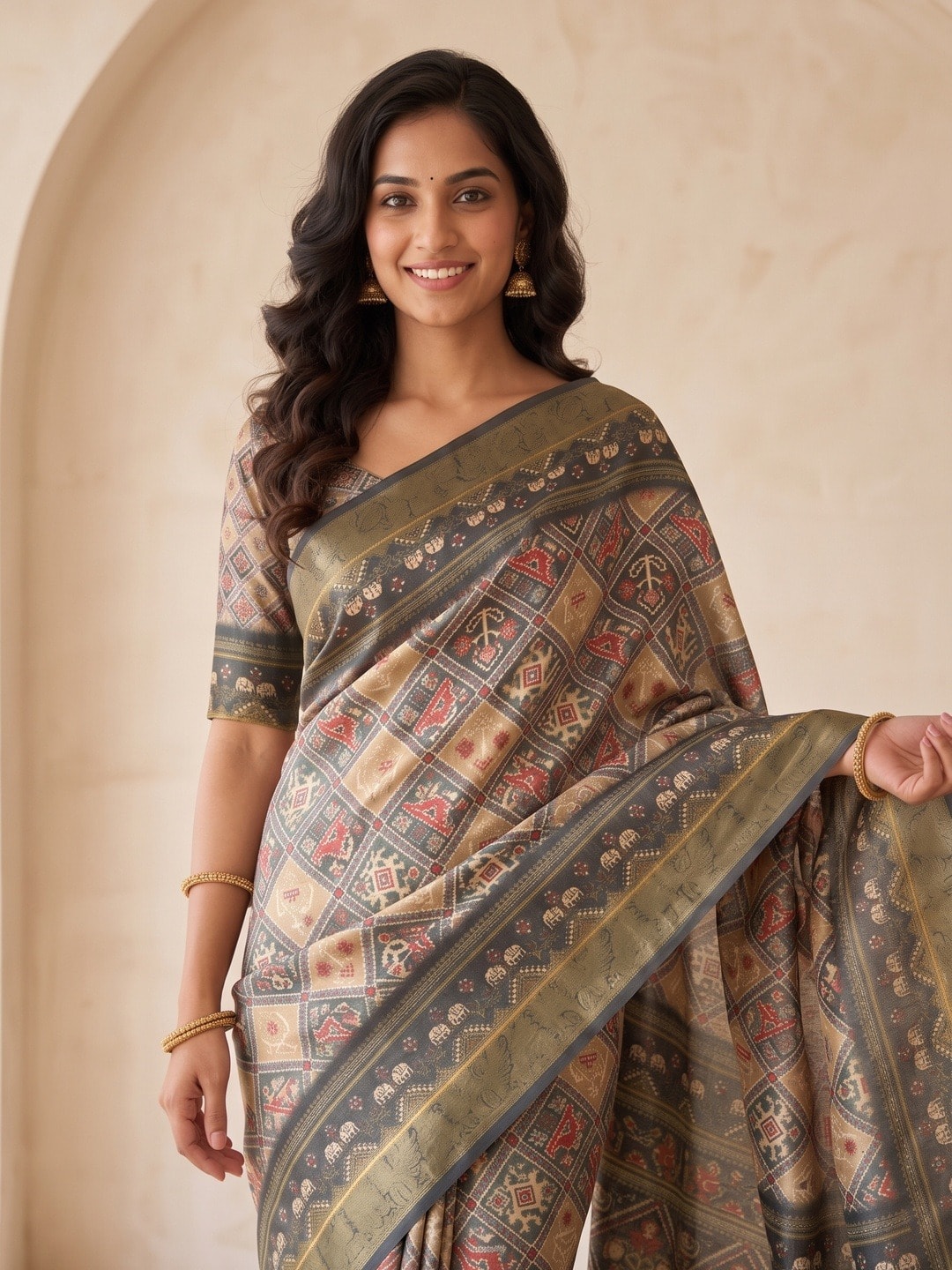 Peachmode Beige Dola Silk Digital Printed Saree With Zari Weave Border - Image 3