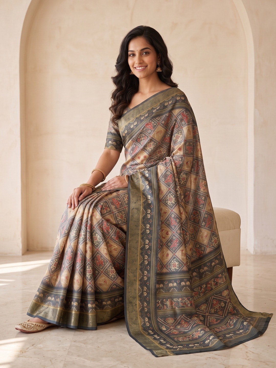 Peachmode Beige Dola Silk Digital Printed Saree With Zari Weave Border - Image 5