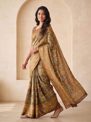 Peachmode Mustard Dola Silk Digital Printed Saree With Zari Weave Border - Image 2