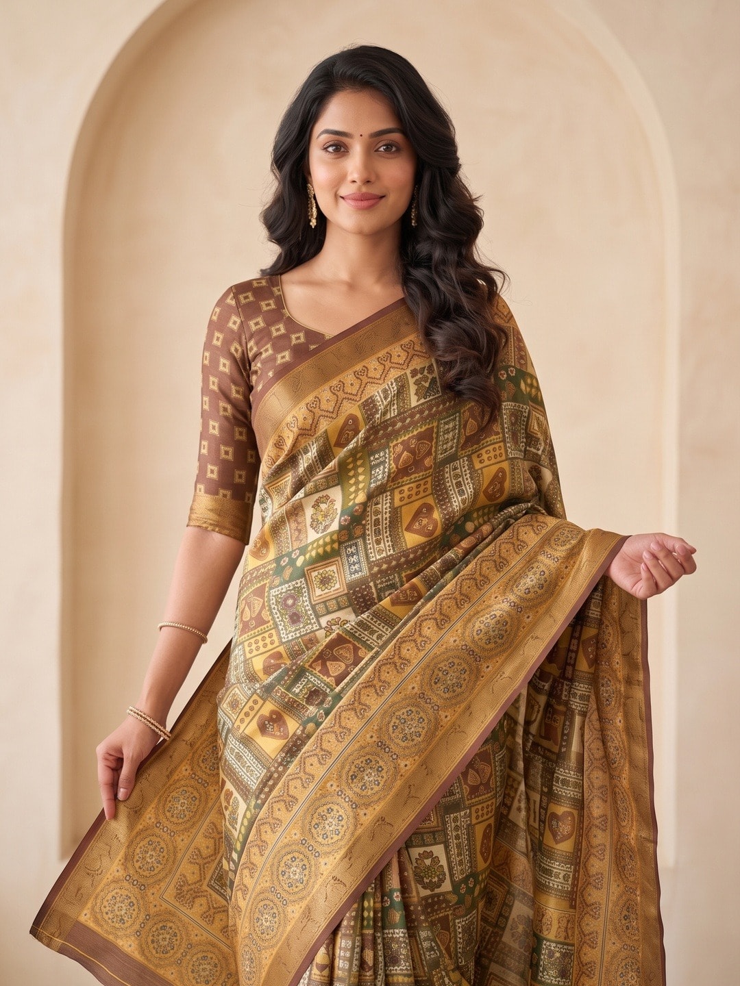 Peachmode Mustard Dola Silk Digital Printed Saree With Zari Weave Border - Image 3