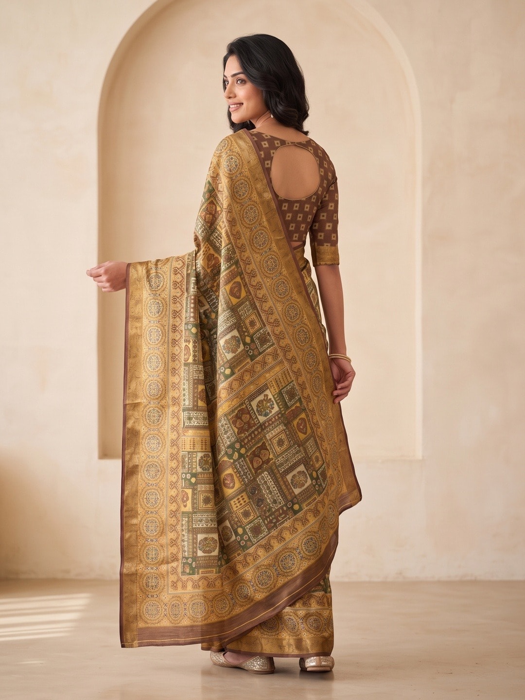 Peachmode Mustard Dola Silk Digital Printed Saree With Zari Weave Border - Image 4