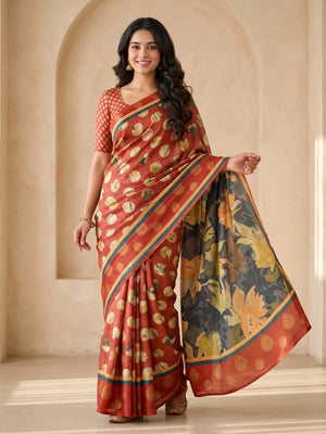 Peachmode Red Dola Silk Digital Printed Saree With Zari Weave Border - Image 1