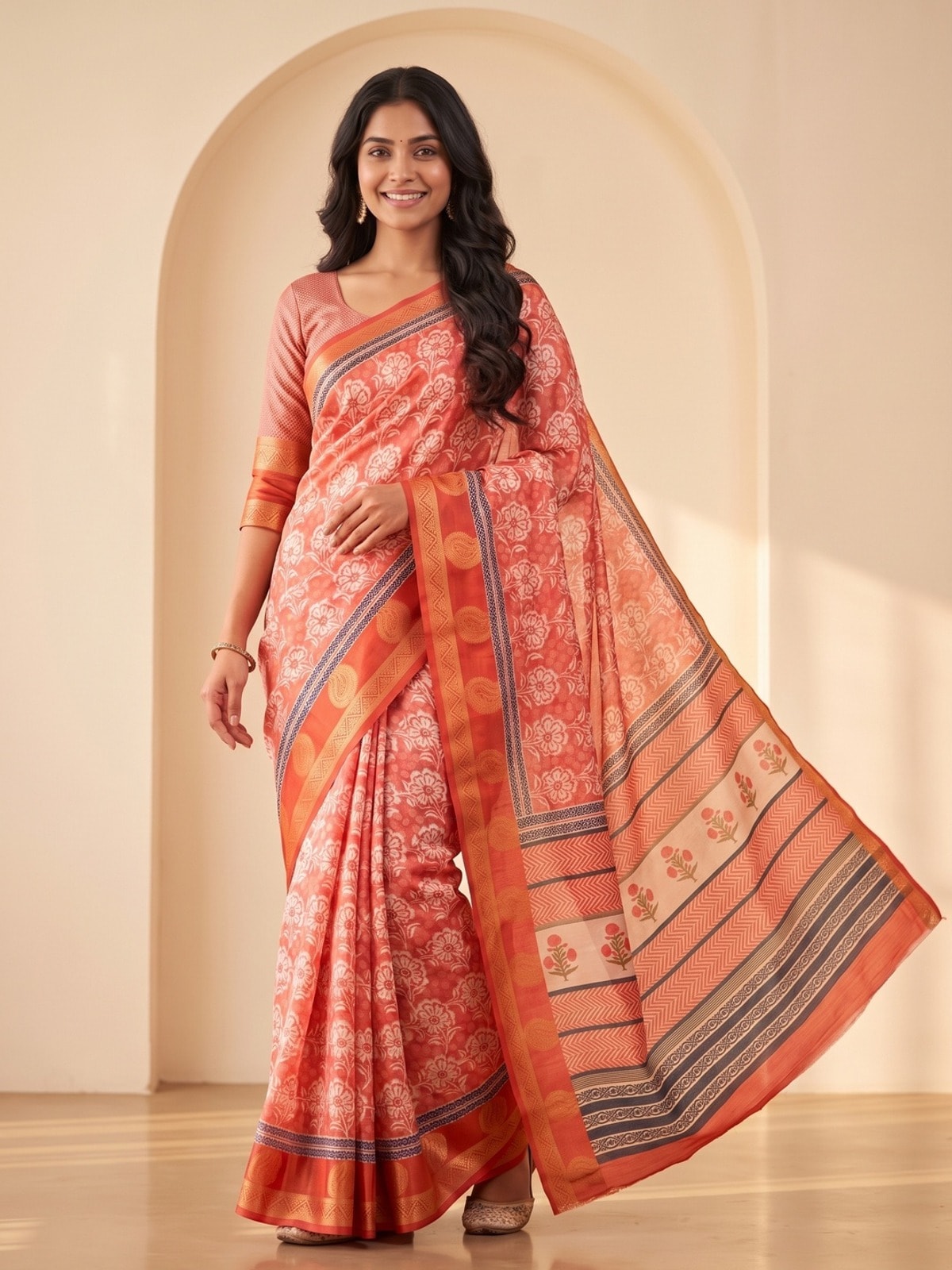 Peachmode Pink Dola Silk Digital Printed Saree With Zari Weave Border - Image 1
