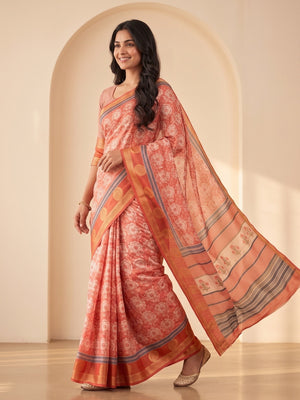 Peachmode Pink Dola Silk Digital Printed Saree With Zari Weave Border - Image 2