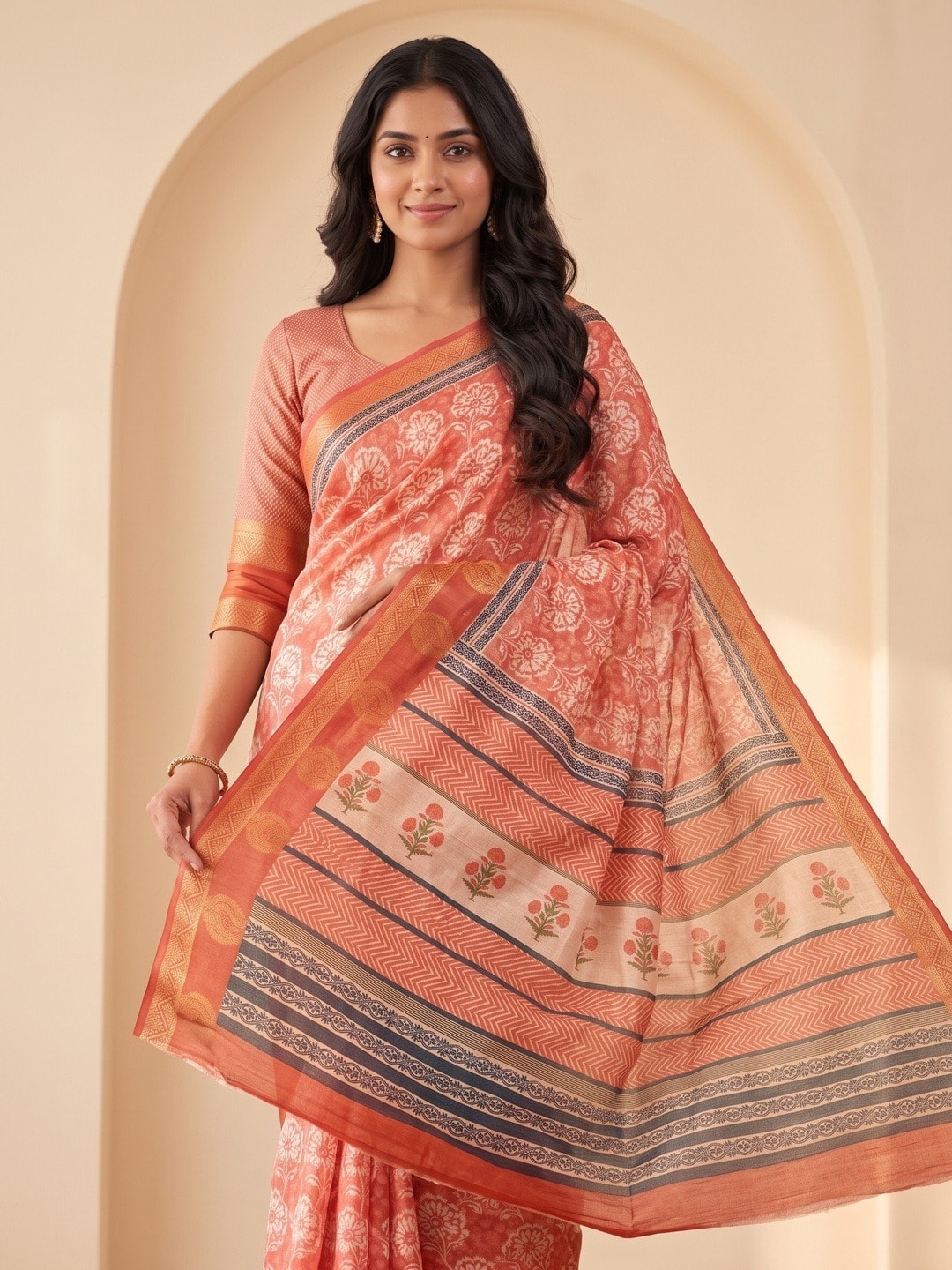 Peachmode Pink Dola Silk Digital Printed Saree With Zari Weave Border - Image 3