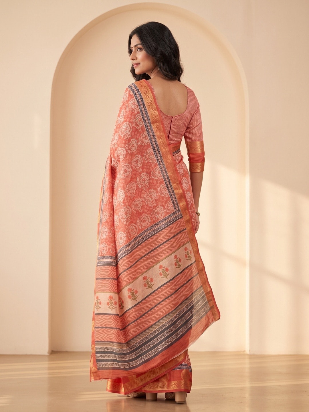 Peachmode Pink Dola Silk Digital Printed Saree With Zari Weave Border - Image 4