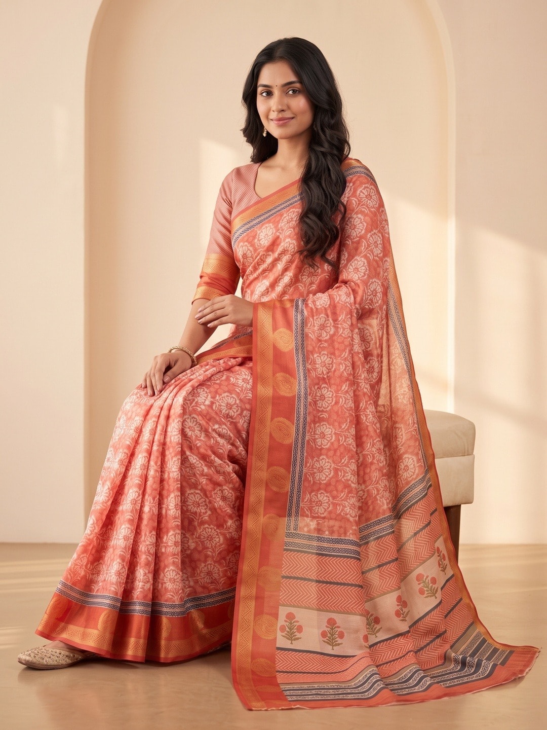 Peachmode Pink Dola Silk Digital Printed Saree With Zari Weave Border - Image 5