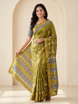 Peachmode Olive Green Dola Silk Digital Printed Saree With Zari Weave Border - Image 1