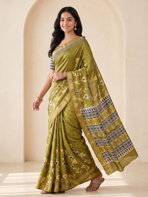 Peachmode Olive Green Dola Silk Digital Printed Saree With Zari Weave Border - Image 2