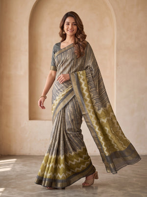 Peachmode Grey Dola Silk Digital Printed Saree With Zari Weave Border - Image 2