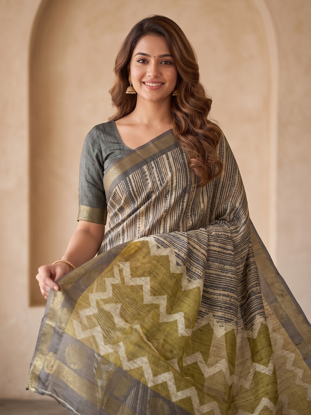 Peachmode Grey Dola Silk Digital Printed Saree With Zari Weave Border - Image 3