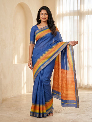 Peachmode Blue Moss Silk Digital Printed Saree With Zari Weave Border - Image 1