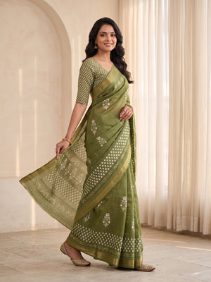 Peachmode Olive Green Moss Silk Digital Printed Saree With Zari Weave Border - Image 2