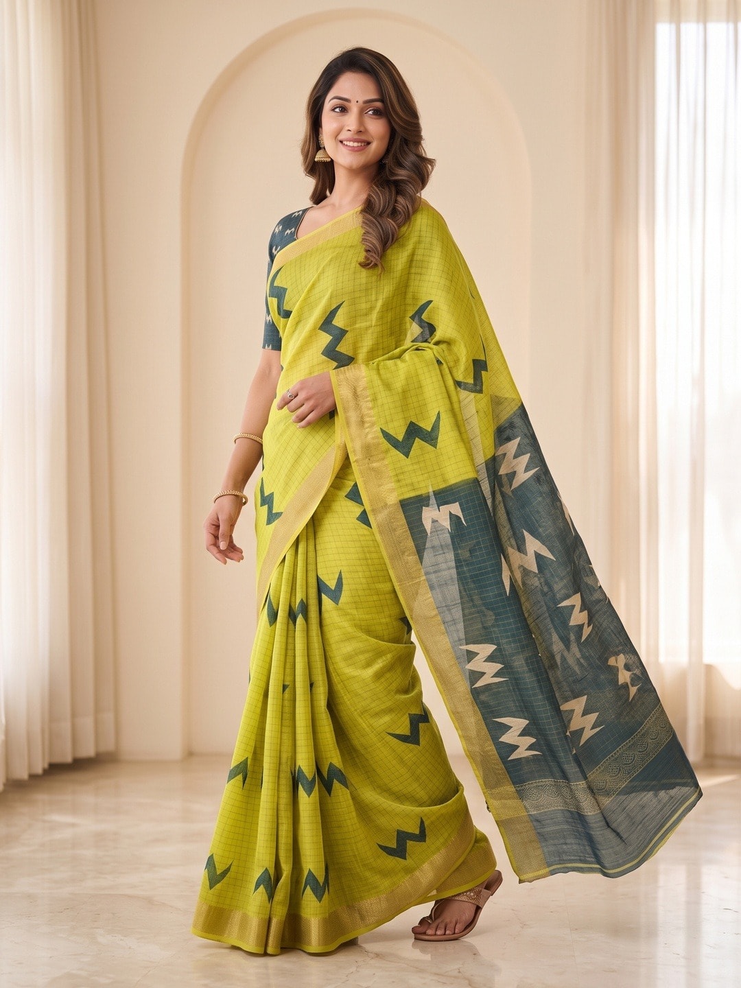 Peachmode Yellow Moss Silk Digital Printed Saree With Zari Weave Border - Image 2