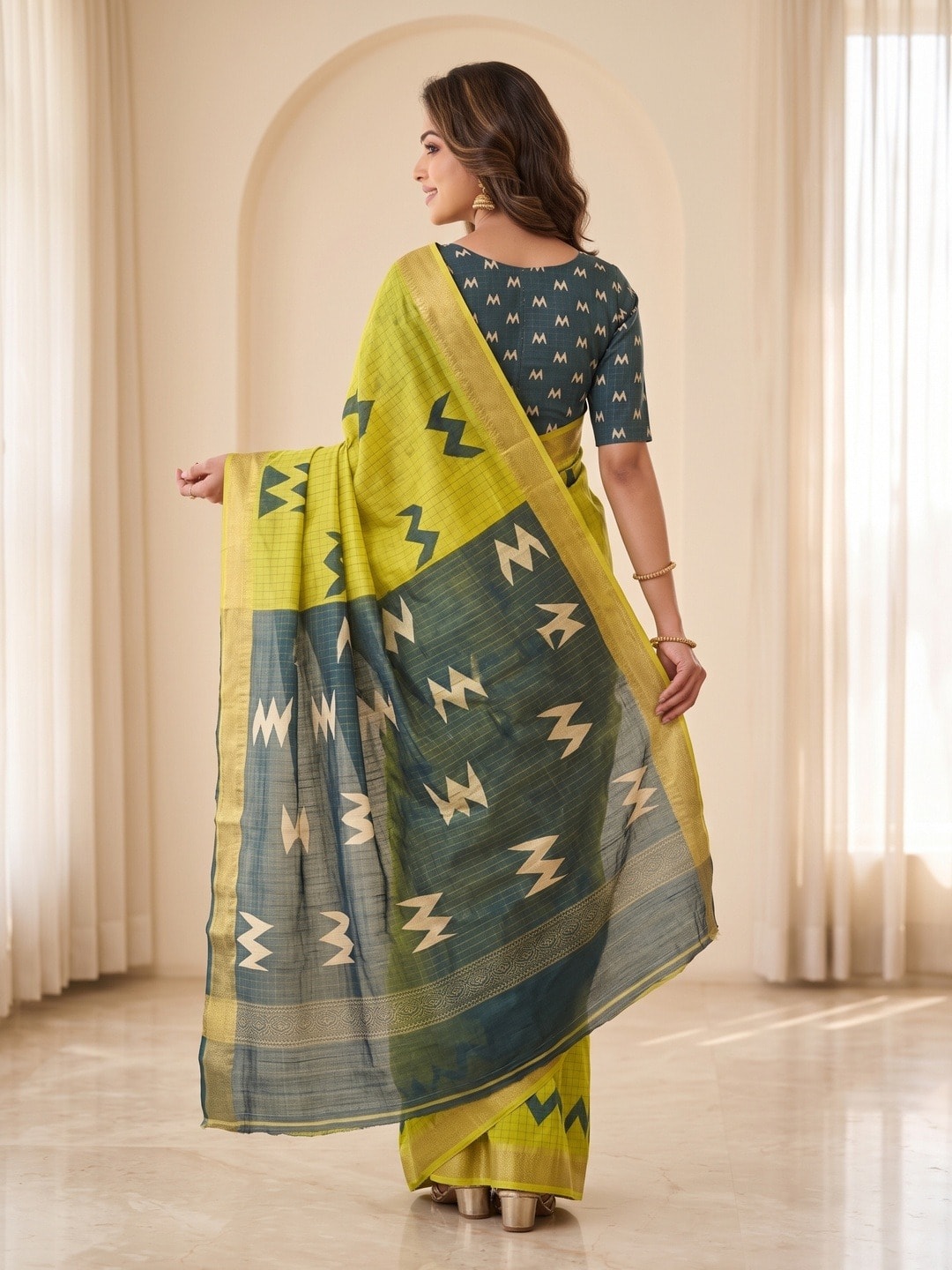 Peachmode Yellow Moss Silk Digital Printed Saree With Zari Weave Border - Image 4