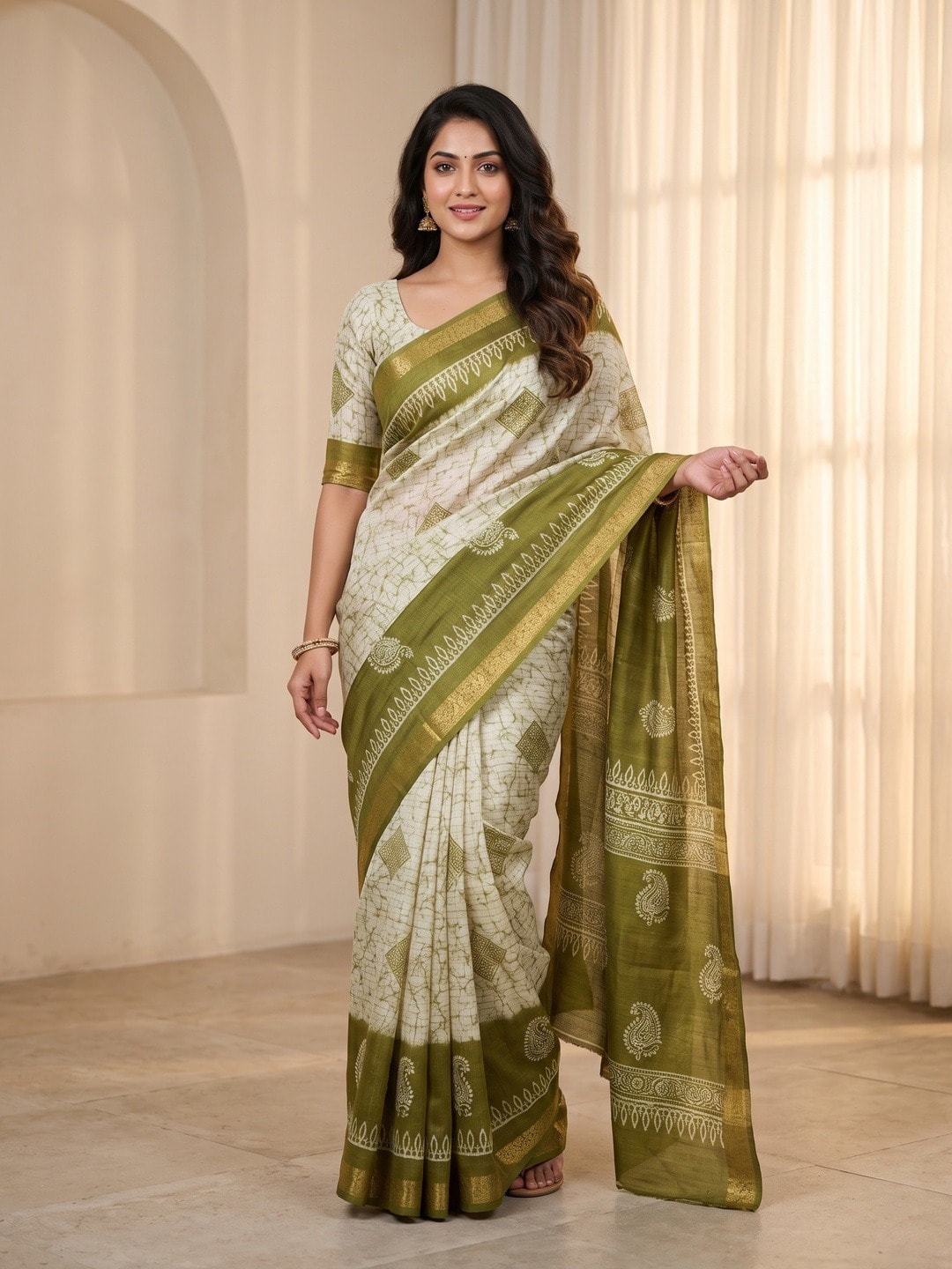 Peachmode Green Moss Silk Digital Printed Saree With Zari Weave Border - Image 1