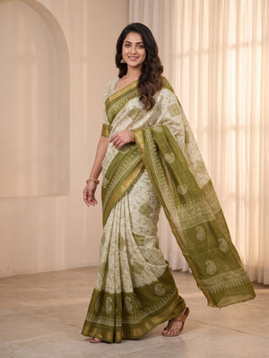 Peachmode Green Moss Silk Digital Printed Saree With Zari Weave Border - Image 2