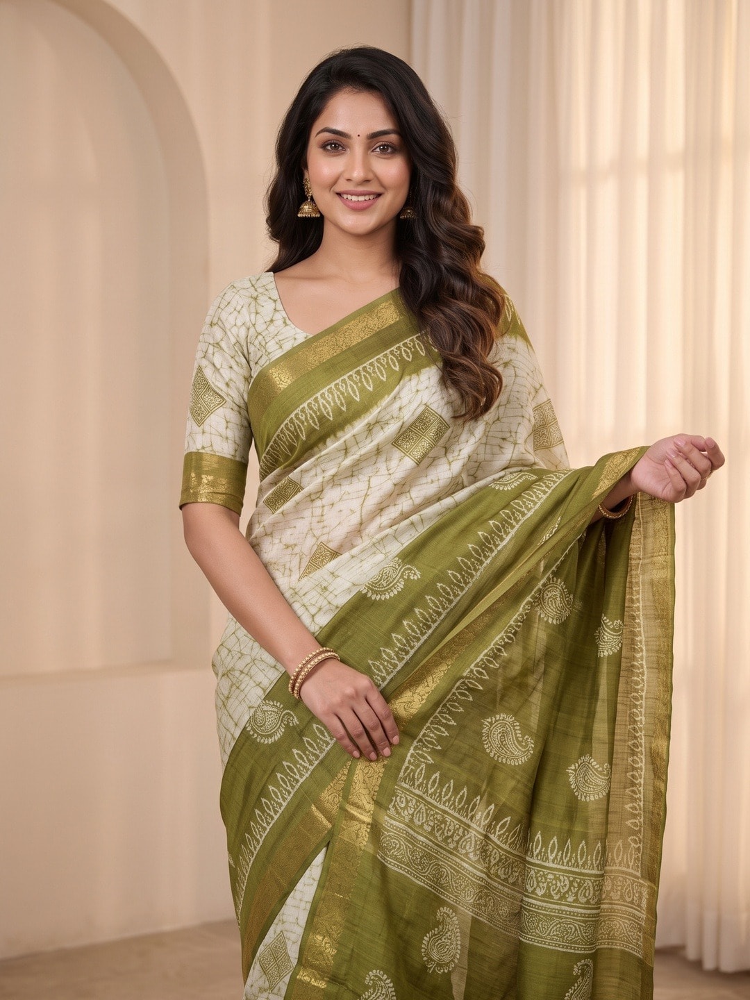 Peachmode Green Moss Silk Digital Printed Saree With Zari Weave Border - Image 3