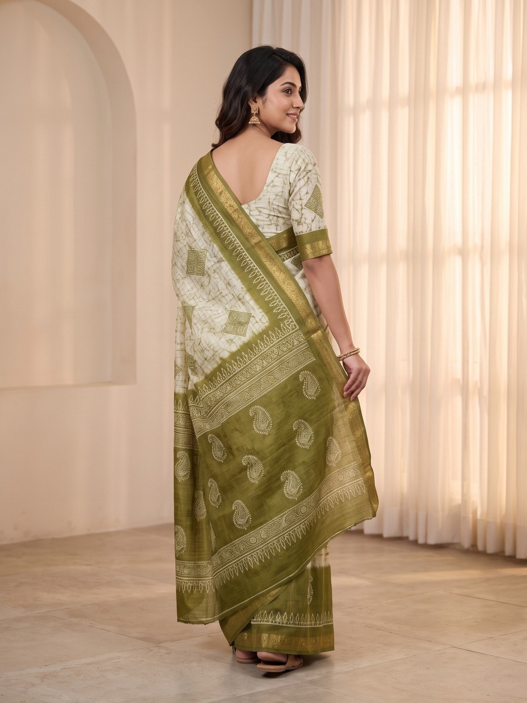 Peachmode Green Moss Silk Digital Printed Saree With Zari Weave Border - Image 4