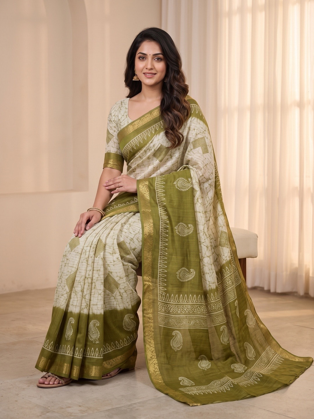 Peachmode Green Moss Silk Digital Printed Saree With Zari Weave Border - Image 5