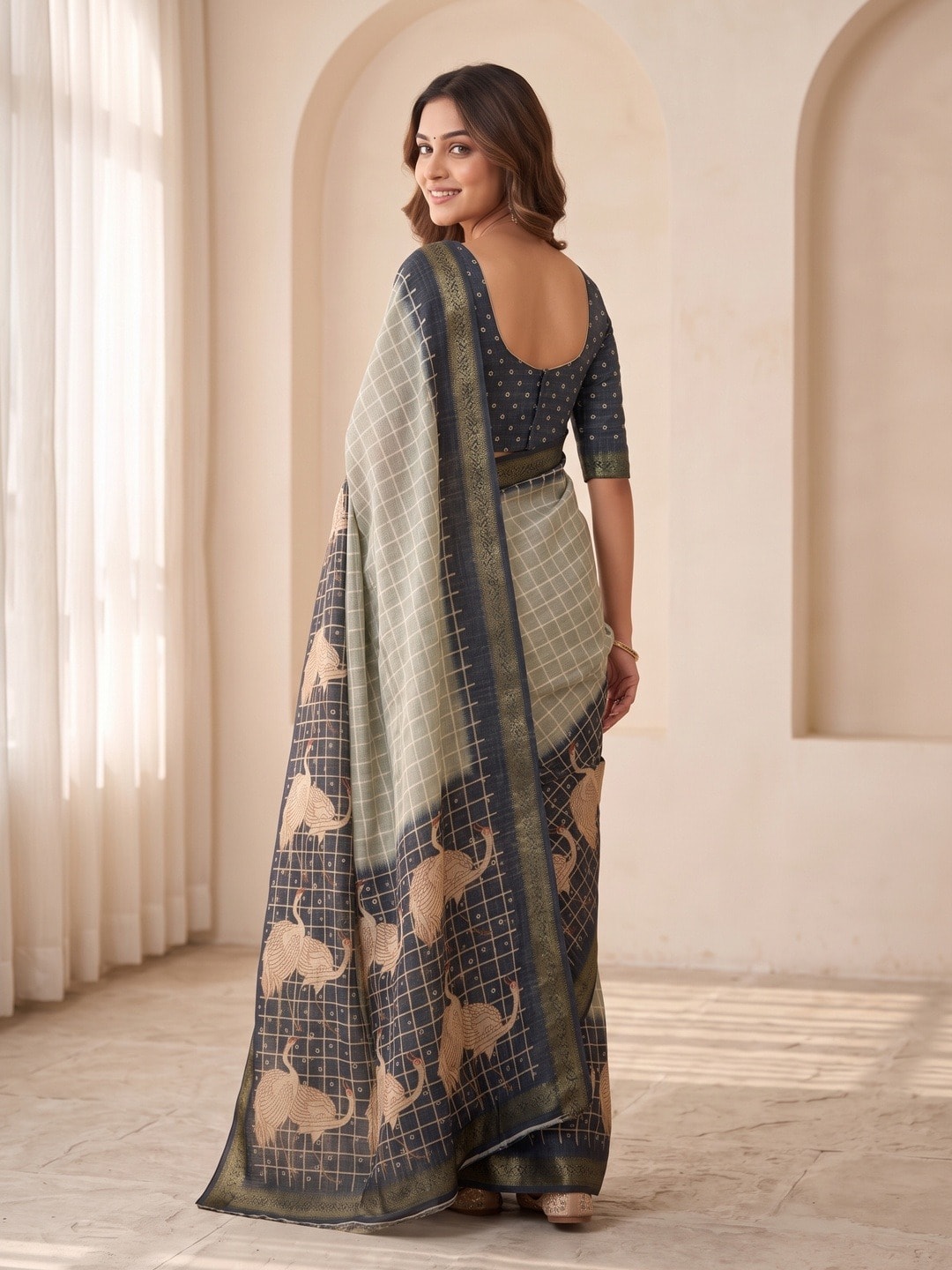 Peachmode Navy Blue Moss Silk Digital Printed Saree With Zari Weave Border - Image 4