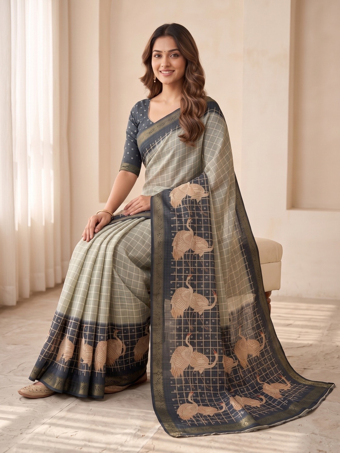 Peachmode Navy Blue Moss Silk Digital Printed Saree With Zari Weave Border - Image 5