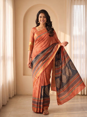Peachmode Orange Moss Silk Digital Printed Saree With Zari Weave Border - Image 1