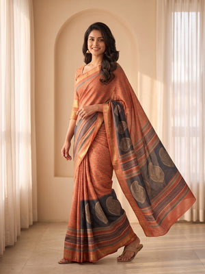 Peachmode Orange Moss Silk Digital Printed Saree With Zari Weave Border - Image 2