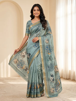 Peachmode Sky Blue Moss Silk Digital Printed Saree With Zari Weave Border - Image 1