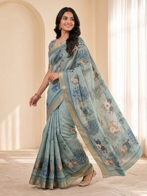 Peachmode Sky Blue Moss Silk Digital Printed Saree With Zari Weave Border - Image 2