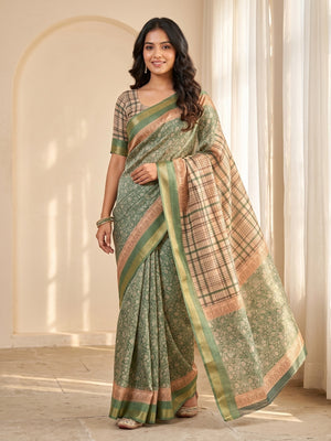 Peachmode Green Moss Silk Digital Printed Saree With Zari Weave Border - Image 1