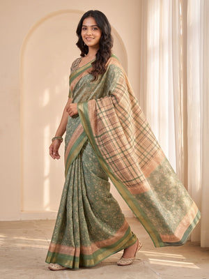 Peachmode Green Moss Silk Digital Printed Saree With Zari Weave Border - Image 2