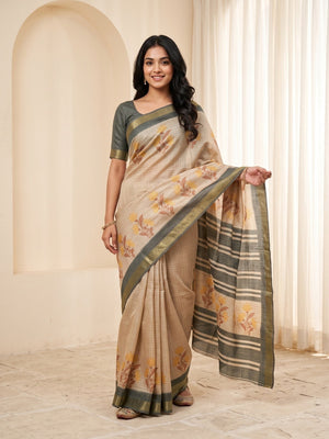 Peachmode Beige Moss Silk Digital Printed Saree With Zari Weave Border - Image 1