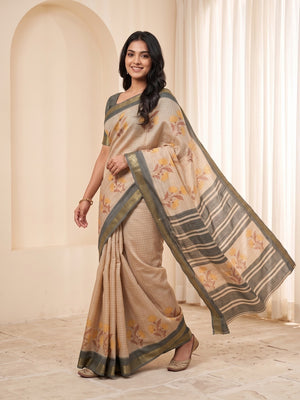 Peachmode Beige Moss Silk Digital Printed Saree With Zari Weave Border - Image 2