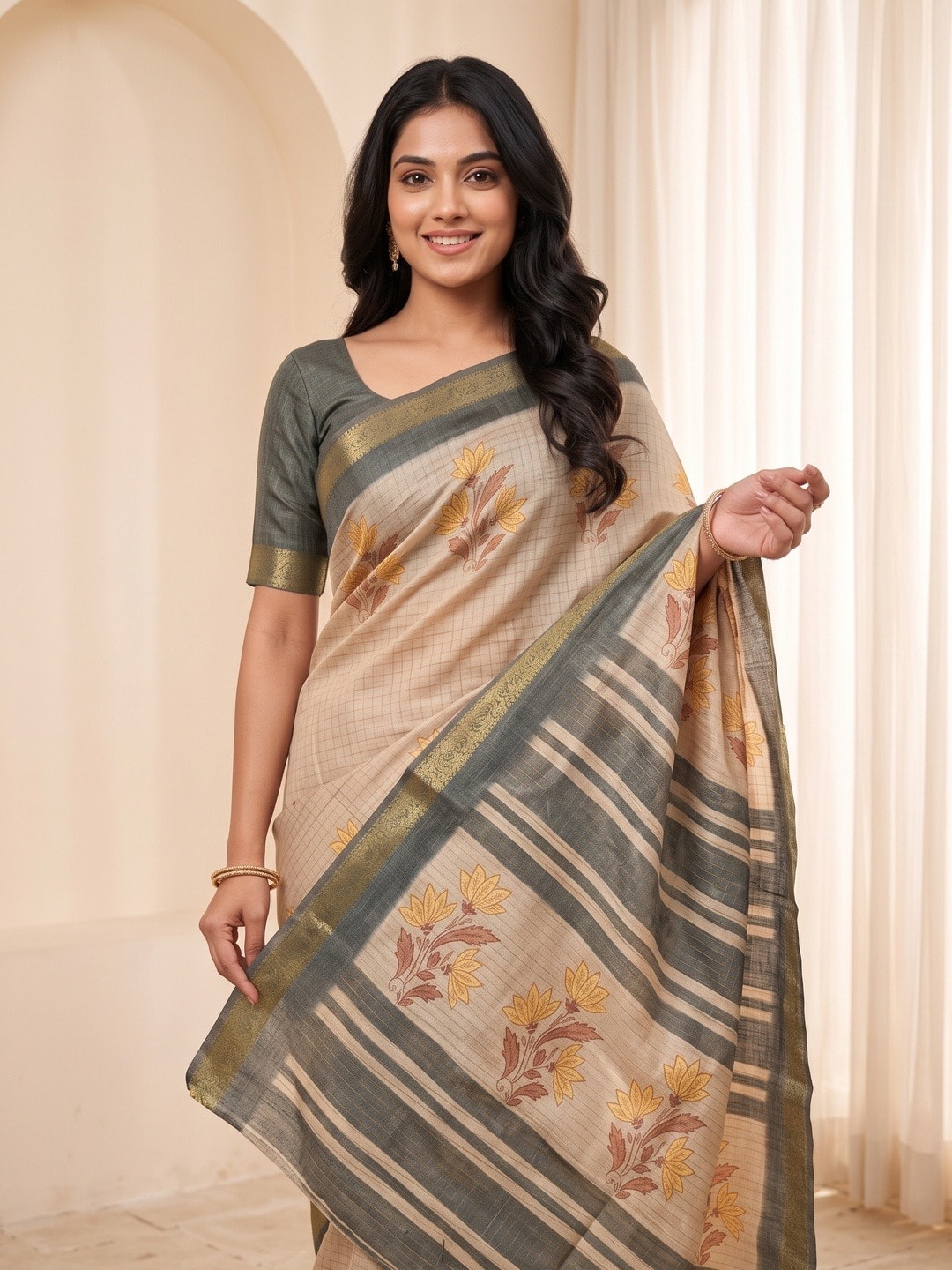 Peachmode Beige Moss Silk Digital Printed Saree With Zari Weave Border - Image 3