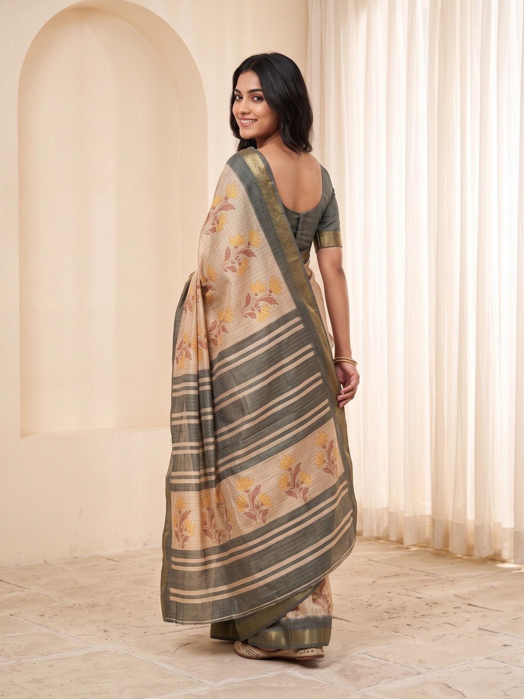 Peachmode Beige Moss Silk Digital Printed Saree With Zari Weave Border - Image 4