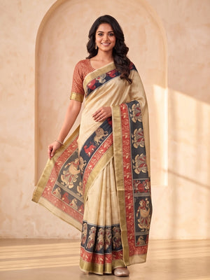 Peachmode Cream Dola Silk Digital Printed Saree With Zari Weave Border - Image 1