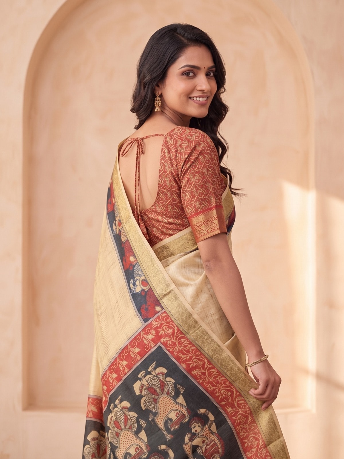 Peachmode Cream Dola Silk Digital Printed Saree With Zari Weave Border - Image 3