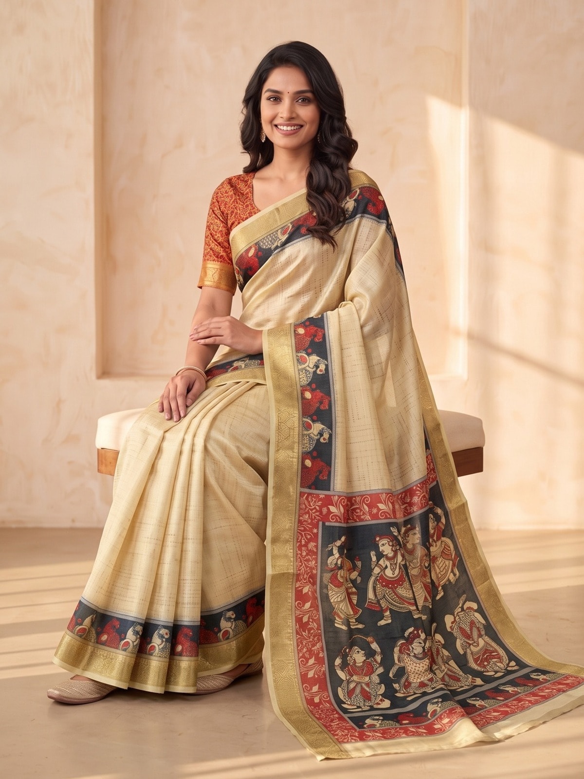 Peachmode Cream Dola Silk Digital Printed Saree With Zari Weave Border - Image 5