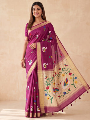Peachmode Magenta Jamdani Swan Butta Cotton Saree With Tissue Pallu And Zari Border - Image 1