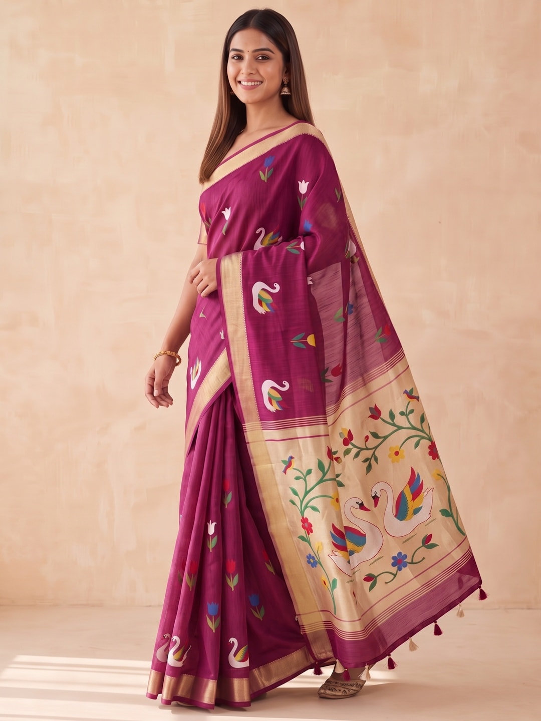 Peachmode Magenta Jamdani Swan Butta Cotton Saree With Tissue Pallu And Zari Border - Image 2