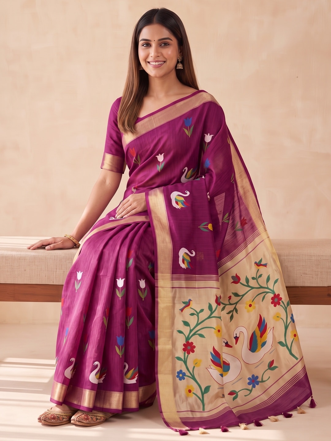 Peachmode Magenta Jamdani Swan Butta Cotton Saree With Tissue Pallu And Zari Border - Image 3